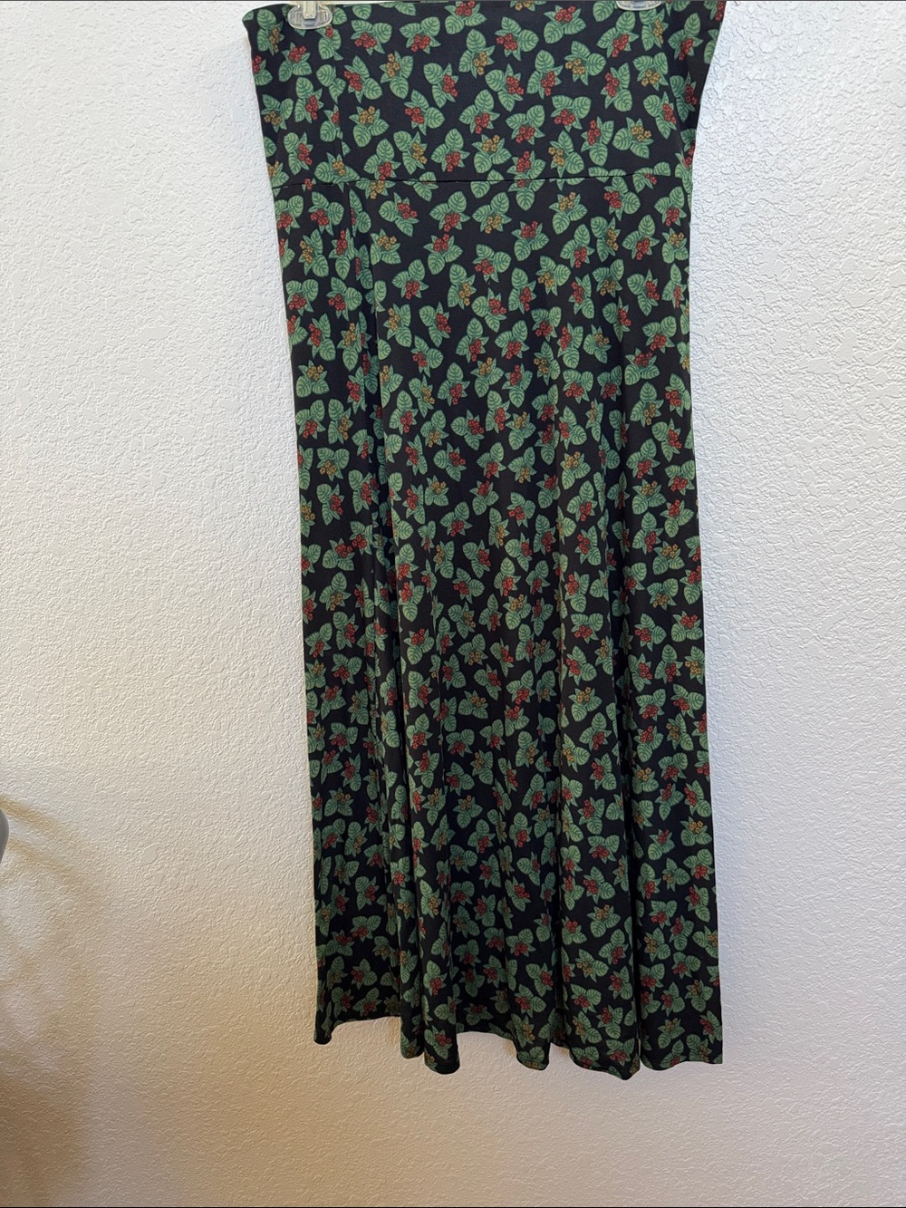 LuLaRoe Black Maxi Skirt with Green Leaf and Red Floral Print